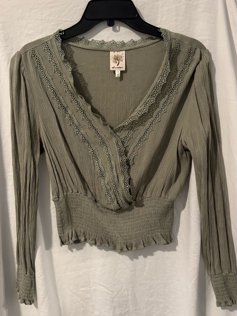 Self Esteem Olive Green Lace-Trim Smocked Waist Women's Top